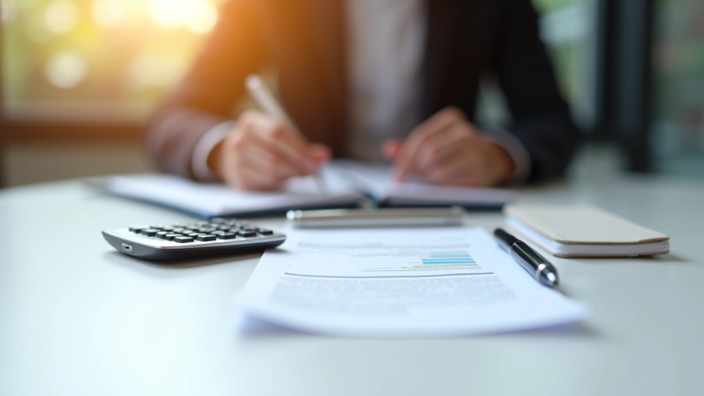 Taschenrechner und Versicherungsdokument auf einem Schreibtisch, das die Berechnung von Selbstbeteiligung und Versicherungskosten zeigt