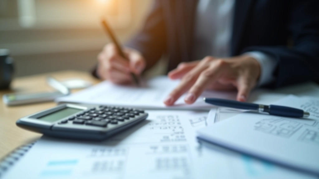 Taschenrechner und Notizbuch mit Break-even-Berechnungen für Versicherungsprämien und Selbstbeteiligung