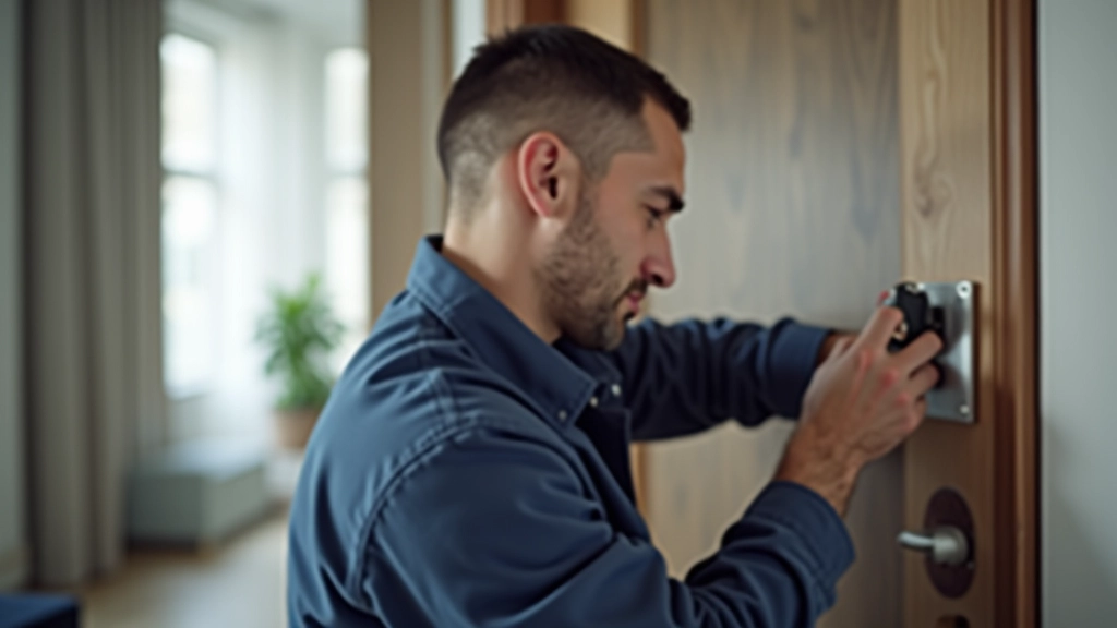 Hausmeister oder Schlüsseldienst, der das Schloss einer Wohnung wechselt, nachdem der Schlüssel verloren wurde