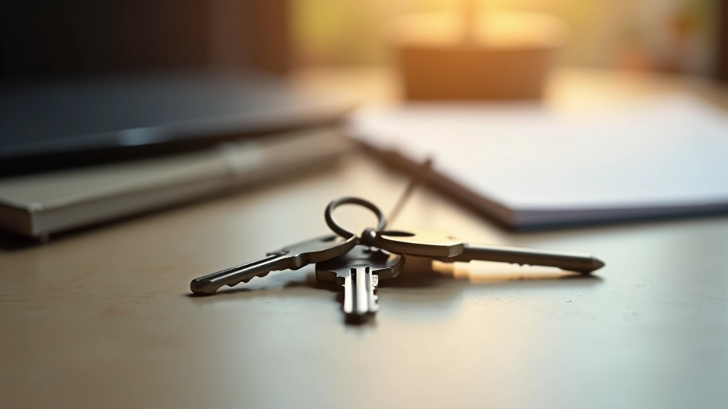Schlüsselbund auf einem Tisch mit Lupe und Notizbuch
