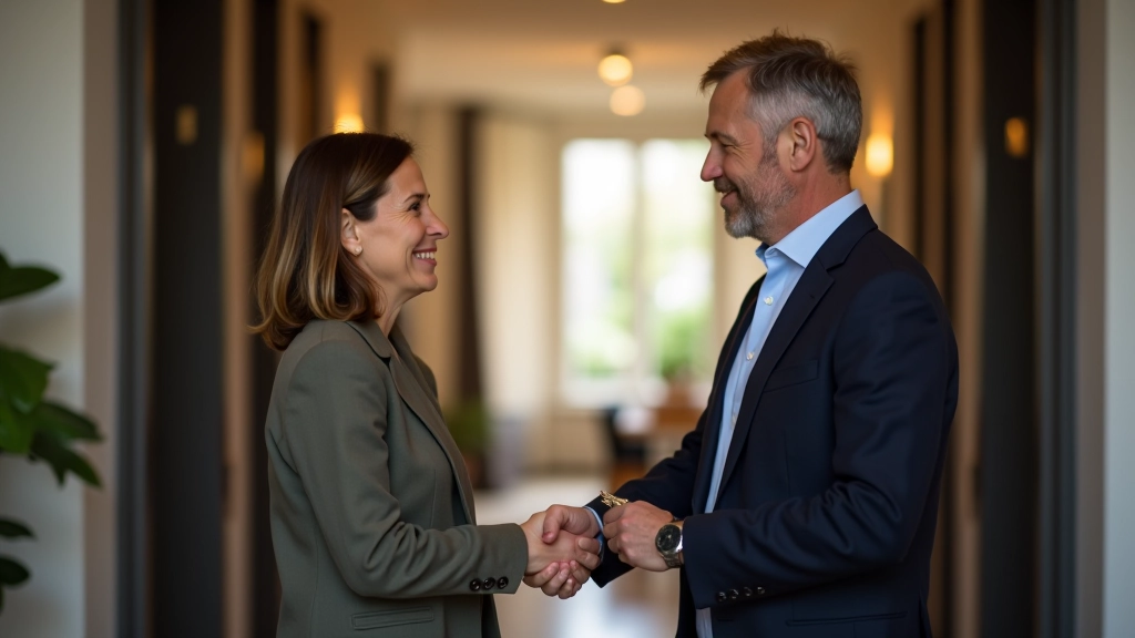 Nachbar übergibt einen Schlüssel an eine Person mit ausgestreckter Hand, um die gegenseitige Hilfe und das Gefälligkeitsrisiko zu zeigen