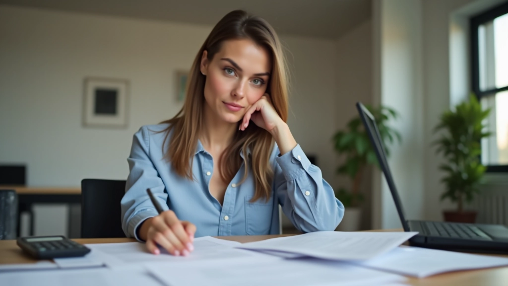 Person sitzt nachdenklich am Tisch mit Versicherungsdokumenten und Taschenrechner, überdenkt die Selbstbeteiligungsentscheidung